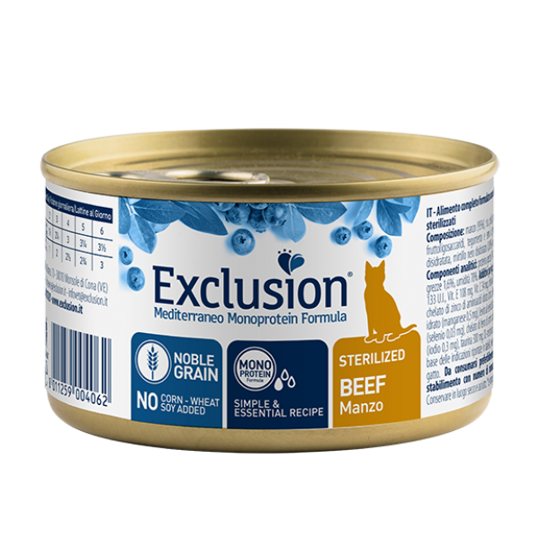 Exclusion Mediterraneo Cat Sterilizzato Noble Grain Monoproteico 85gr - manzo - Cibo monoproteico gatto - 1° ORDINE? scegli lo sconto BZR5 / BZR20 + 200 punti fedeltà