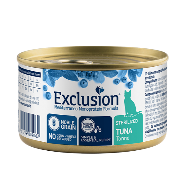 Exclusion Mediterraneo Cat Sterilizzato Noble Grain Monoproteico 85gr - Tonno - Confezione da 6 pezzi - Cibo monoproteico gatto - 1° ORDINE? scegli lo sconto BZR5 / BZR20 + 200 punti fedeltà