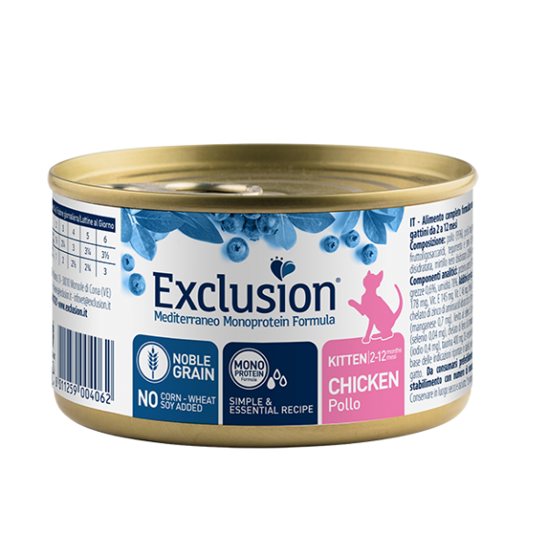 Exclusion Mediterraneo Kitten Noble Grain Monoproteico 85gr - pollo - Confezione da 6 pezzi - Cibo monoproteico gatto - 1° ORDINE? scegli lo sconto BZR5 / BZR20 + 200 punti fedeltà