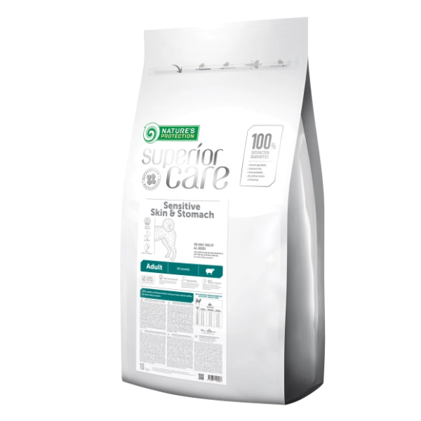 Nature's Protection Superior Care Dog Adult Sensitive Skin & Stomach Grain Free con Agnello - 10 kg - Crocchette Monoproteiche Cane - 1° ORDINE? scegli lo sconto BZR5 / BZR20 + 200 punti fedeltà