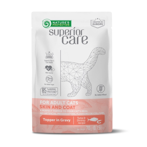 Nature's Protection Superior Care Cat Adult Skin and Coat Alimento Complementare 70 gr - Tonno e gamberetti - Confezione da 6 pezzi - Cibo umido per gatti - 1° ORDINE? scegli lo sconto BZR5 / BZR20 + 200 punti fedeltà