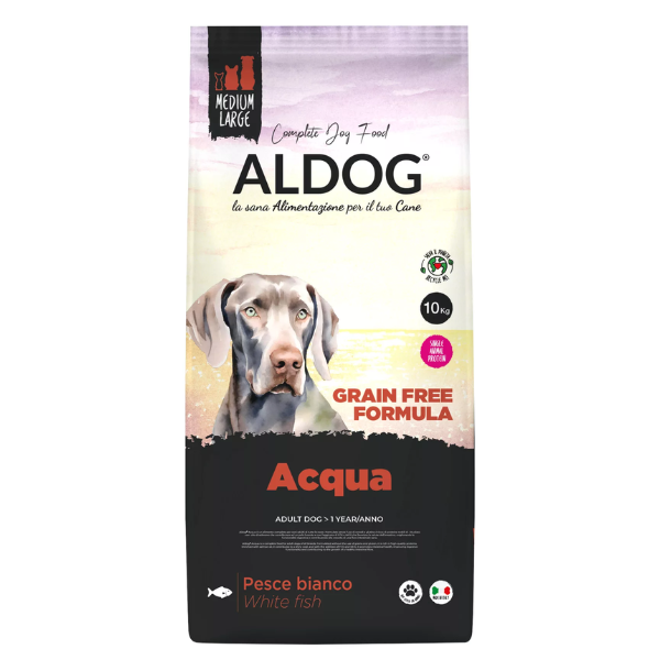 Aldog Acqua Adult Medium/Large Gluten e Grain Free al pesce bianco - 10 kg - Crocchette Monoproteiche Cane - 1° ORDINE? scegli lo sconto BZR5 / BZR20 + 200 punti fedeltà