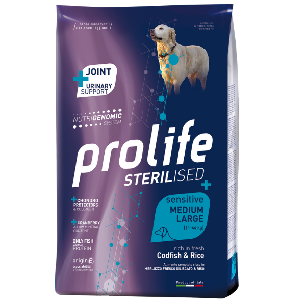 Prolife Sterilised Sensitive Medium/Large Adult Merluzzo e Riso - 10 kg - Croccantini per cani - 1° ORDINE? scegli lo sconto BZR5 / BZR20 + 200 punti fedeltà