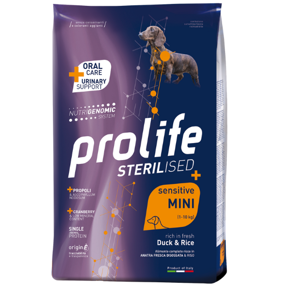 Prolife Sterilised Sensitive Mini Adult Monoproteico Anatra e Riso - 7 kg - Crocchette Monoproteiche Cane - 1° ORDINE? scegli lo sconto BZR5 / BZR20 + 200 punti fedeltà