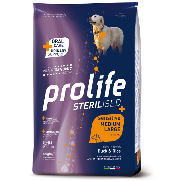 Prolife Sterilised Sensitive Medium/Large Adult Monoproteico Anatra e Riso - 10 kg - Crocchette Monoproteiche Cane - 1° ORDINE? scegli lo sconto BZR5 / BZR20 + 200 punti fedeltà