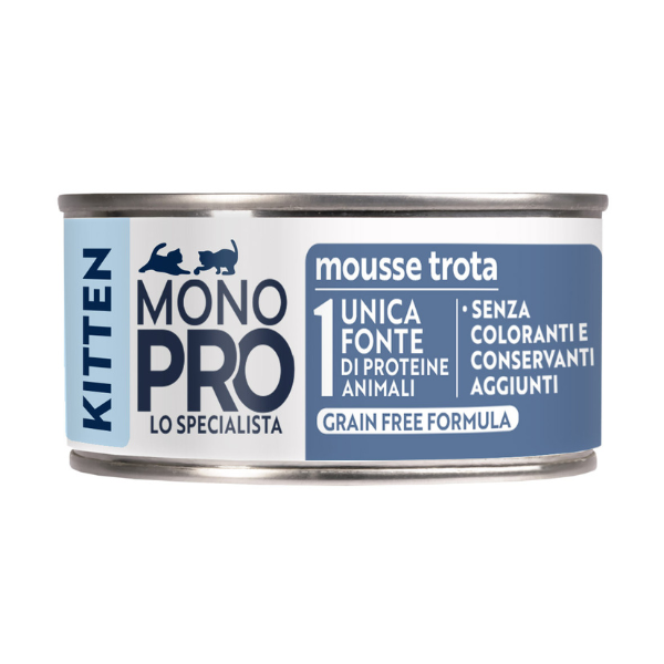 Monopro lo specialista Kitten grain Free Patè 85 gr - Trota - Confezione da 6 pezzi - 1° ORDINE? scegli lo sconto BZR5 / BZR20 + 200 punti fedeltà