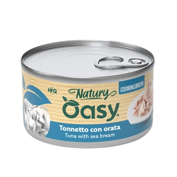 Oasy Natury Cat Adult Cooking Broth in brodo di cottura 85 gr - tonnetto con orata - Confezione da 24 pezzi - Cibo umido per gatti - 1° ORDINE? scegli lo sconto BZR5 / BZR20 + 200 punti fedeltà
