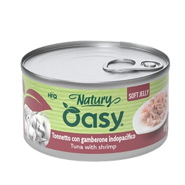 Oasy Natury Cat Adult Soft Jelly 85 gr - tonnetto con gamberone indopacifico - Confezione da 24 pezzi - Cibo umido per gatti - 1° ORDINE? scegli lo sconto BZR5 / BZR20 + 200 punti fedeltà