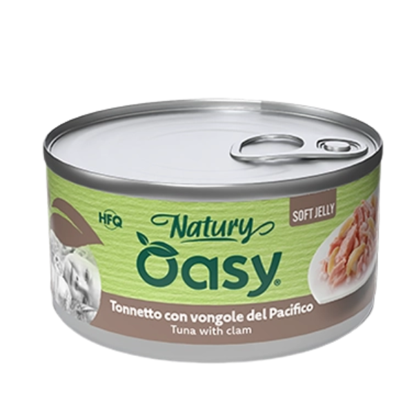 Oasy Natury Cat Adult Soft Jelly 85 gr - tonnetto con vongole del pacifico - Confezione da 24 pezzi - Cibo umido per gatti - 1° ORDINE? scegli lo sconto BZR5 / BZR20 + 200 punti fedeltà