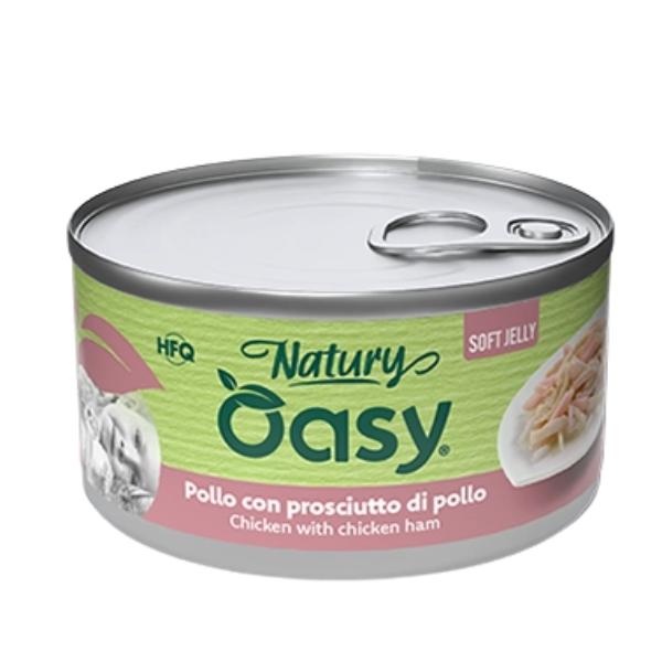 Oasy Natury Cat Adult Soft Jelly 85 gr - pollo con prosciutto di pollo - Confezione da 24 pezzi - Cibo umido per gatti - 1° ORDINE? scegli lo sconto BZR5 / BZR20 + 200 punti fedeltà