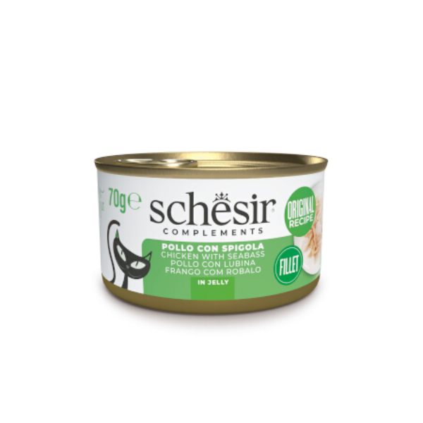 Schesir Cat Soft Adult filetti in gelatina alimento complementare lattina 70 gr - pollo con spigola - Confezione da 6 pezzi - Cibo umido per gatti - 1° ORDINE? scegli lo sconto BZR5 / BZR20 + 200 punti fedeltà