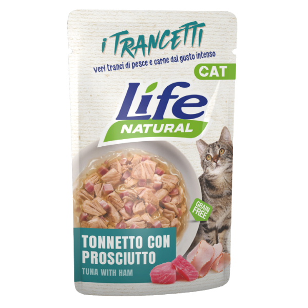 Life Cat Natural Trancetti Bustine Grain Free 55 gr - tonnetto e prosciutto - Confezione da 30 pezzi - 1° ORDINE? scegli lo sconto BZR5 / BZR20 + 200 punti fedeltà