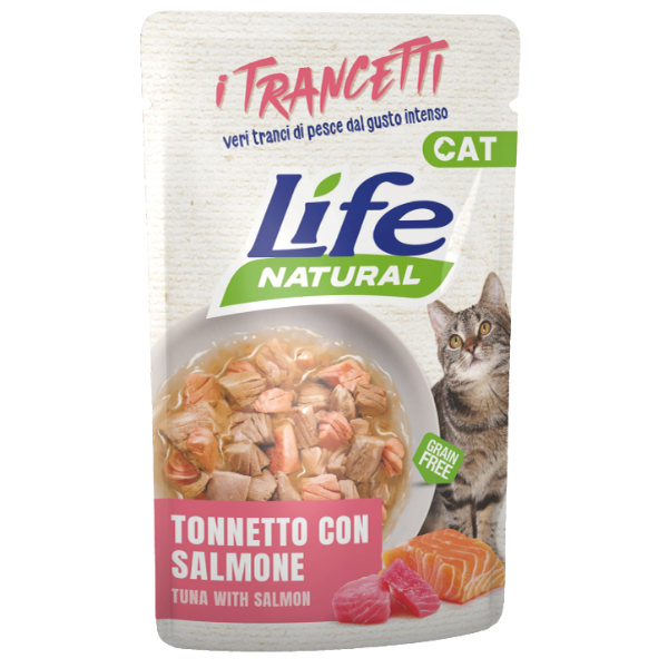 Life Cat Natural Trancetti Bustine Grain Free 55 gr - Tonnetto con salmone - Confezione da 30 pezzi - 1° ORDINE? scegli lo sconto BZR5 / BZR20 + 200 punti fedeltà