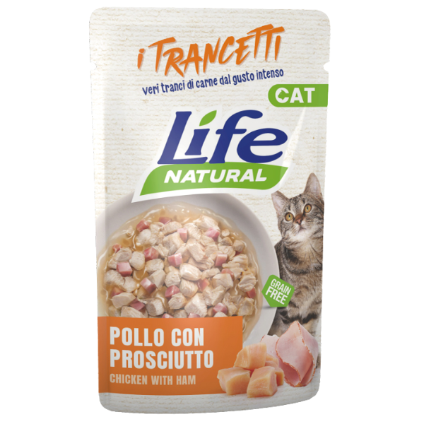 Life Cat Natural Trancetti Bustine Grain Free 55 gr - pollo con prosciutto - Confezione da 30 pezzi - 1° ORDINE? scegli lo sconto BZR5 / BZR20 + 200 punti fedeltà