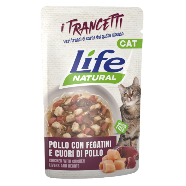 Life Cat Natural Trancetti Bustine Grain Free 55 gr - pollo con fegatini e cuori di pollo - Confezione da 30 pezzi - 1° ORDINE? scegli lo sconto BZR5 / BZR20 + 200 punti fedeltà