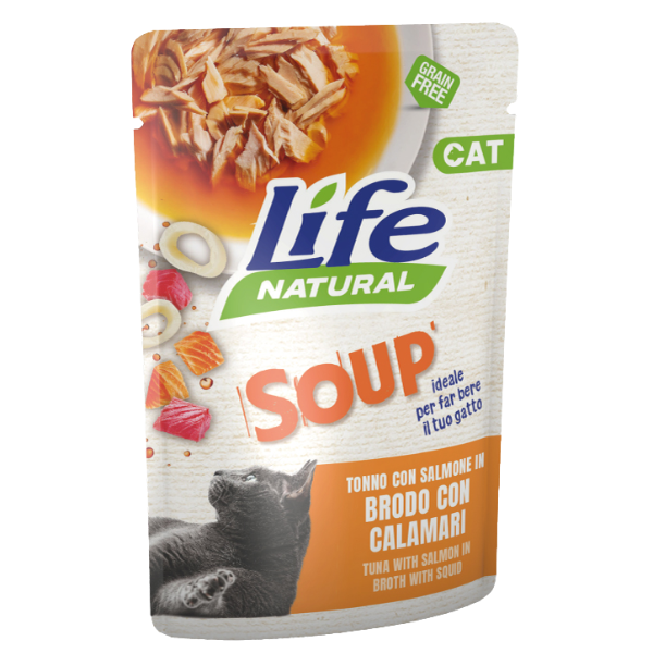 Life Cat Natural Soup Bustine in brodo Grain Free 60 gr - tonno e salmone con calamari - Confezione da 30 pezzi - 1° ORDINE? scegli lo sconto BZR5 / BZR20 + 200 punti fedeltà