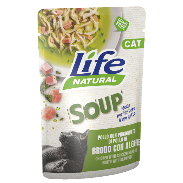 Life Cat Natural Soup Bustine in brodo Grain Free 60 gr - pollo e prosciutto di pollo con alghe - Confezione da 30 pezzi - 1° ORDINE? scegli lo sconto BZR5 / BZR20 + 200 punti fedeltà