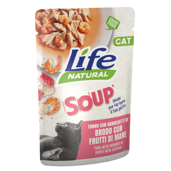 Life Cat Natural Soup Bustine in brodo Grain Free 60 gr - tonno e gamberetti con frutti di mare - Confezione da 30 pezzi - 1° ORDINE? scegli lo sconto BZR5 / BZR20 + 200 punti fedeltà