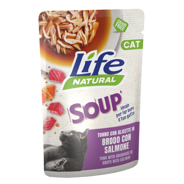 Life Cat Natural Soup Bustine in brodo Grain Free 60 gr - tonno e alicette con salmone - Confezione da 30 pezzi - 1° ORDINE? scegli lo sconto BZR5 / BZR20 + 200 punti fedeltà