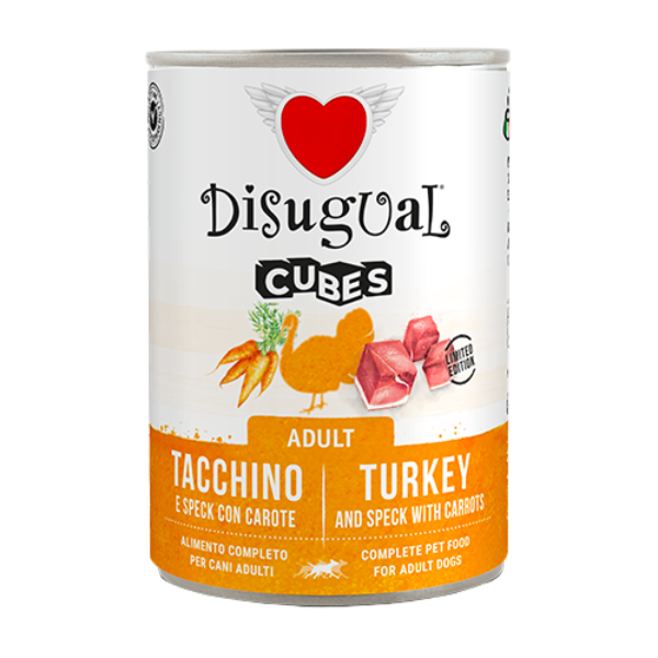 Disugual Dog Adult Cubes 400 gr - tacchino e cubetti di speck con carote - Confezione da 6 pezzi - Cibo Umido per Cani - 1° ORDINE? scegli lo sconto BZR5 / BZR20 + 200 punti fedeltà