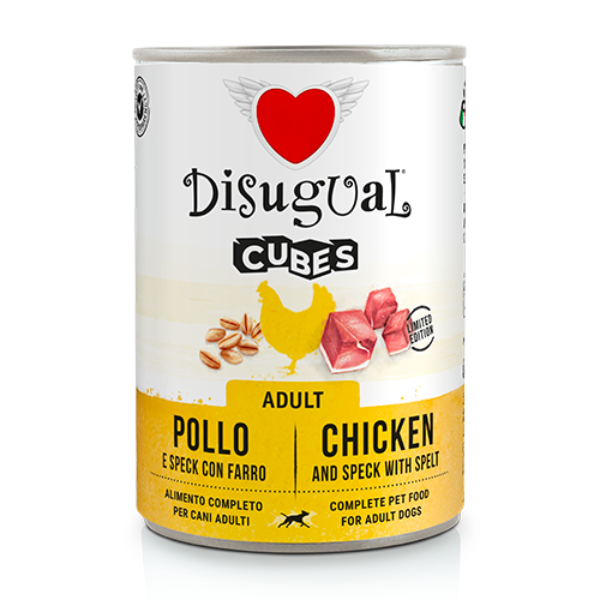 Disugual Dog Adult Cubes 400 gr - pollo con cubetti di speck e farro - Confezione da 6 pezzi - Cibo Umido per Cani - 1° ORDINE? scegli lo sconto BZR5 / BZR20 + 200 punti fedeltà
