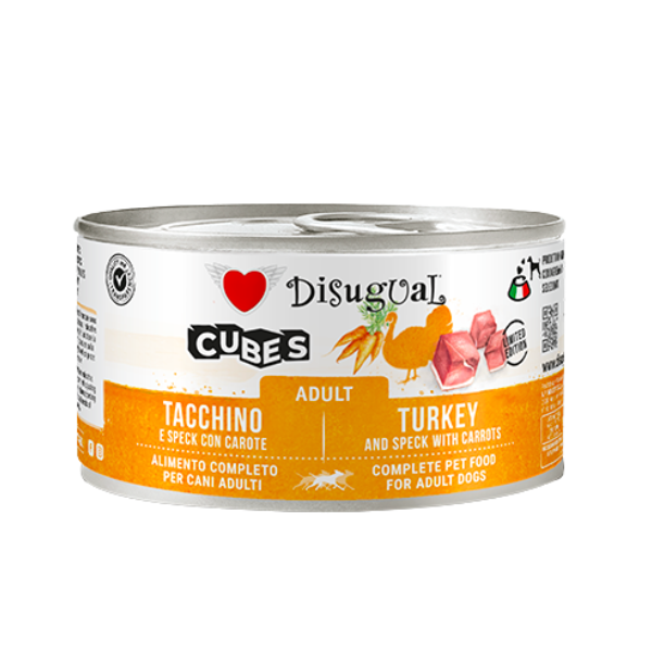 Disugual Dog Adult Cubes 150 gr - tacchino e cubetti di speck con carote - Confezione da 12 pezzi - Cibo Umido per Cani - 1° ORDINE? scegli lo sconto BZR5 / BZR20 + 200 punti fedeltà