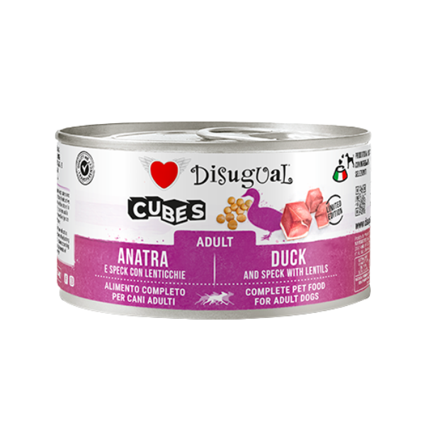 Disugual Dog Adult Cubes 150 gr - anatra e cubetti di speck con lenticchie - Confezione da 12 pezzi - Cibo Umido per Cani - 1° ORDINE? scegli lo sconto BZR5 / BZR20 + 200 punti fedeltà