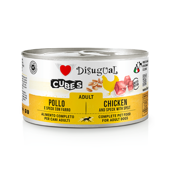 Disugual Dog Adult Cubes 150 gr - pollo e cubetti di speck con farro - Confezione da 12 pezzi - Cibo Umido per Cani - 1° ORDINE? scegli lo sconto BZR5 / BZR20 + 200 punti fedeltà