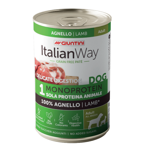 Italianway Patè Delicate Digestion Monoprotein Dog Adult 400 gr - agnello - Umido Monoproteico Cane - 1° ORDINE? scegli lo sconto BZR5 / BZR20 + 200 punti fedeltà