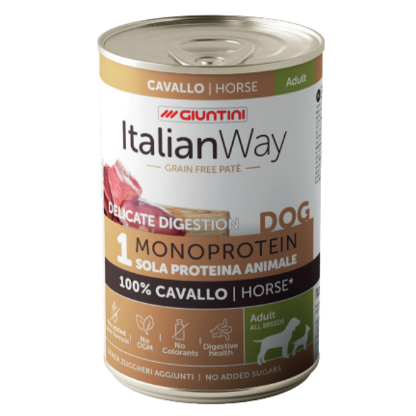 Italianway Patè Delicate Digestion Monoprotein Dog Adult 400 gr - cavallo - Umido Monoproteico Cane - 1° ORDINE? scegli lo sconto BZR5 / BZR20 + 200 punti fedeltà