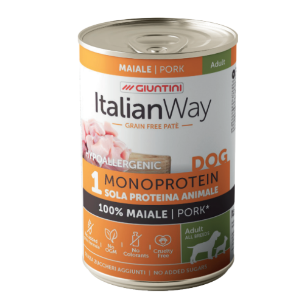 Italianway Patè Hypoallergenic Monoprotein Dog Adult 400 gr - maiale - Umido Monoproteico Cane - 1° ORDINE? scegli lo sconto BZR5 / BZR20 + 200 punti fedeltà
