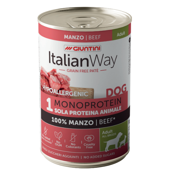 Italianway Patè Hypoallergenic Monoprotein Dog Adult 400 gr - manzo - Umido Monoproteico Cane - 1° ORDINE? scegli lo sconto BZR5 / BZR20 + 200 punti fedeltà