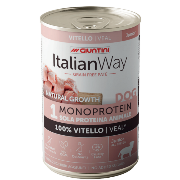 Italianway Patè Natural Growth Monoprotein Dog Junior 400 gr - vitello - Umido Monoproteico Cane - 1° ORDINE? scegli lo sconto BZR5 / BZR20 + 200 punti fedeltà