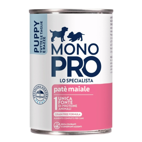 Monopro lo specialista Puppy All Breeds Patè Grain Free 400 gr - maiale - Umido Monoproteico Cane - SPEDIZIONE GRATIS DA 39€