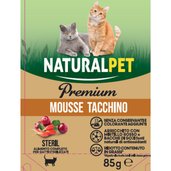 NaturalPet Premium Cat Sterilizzati Pouches Umido 85gr - Tacchino e mirtilli - SPEDIZIONE GRATIS 1° ORDINE + scegli lo sconto BZR5 / BZR20
