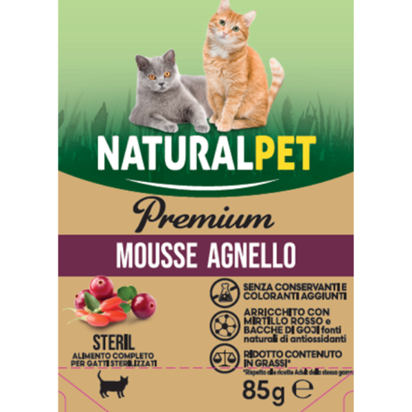 NaturalPet Premium Cat Sterilizzati Pouches Umido 85gr - Agnello e mirtilli - SPEDIZIONE GRATIS 1° ORDINE + scegli lo sconto BZR5 / BZR20