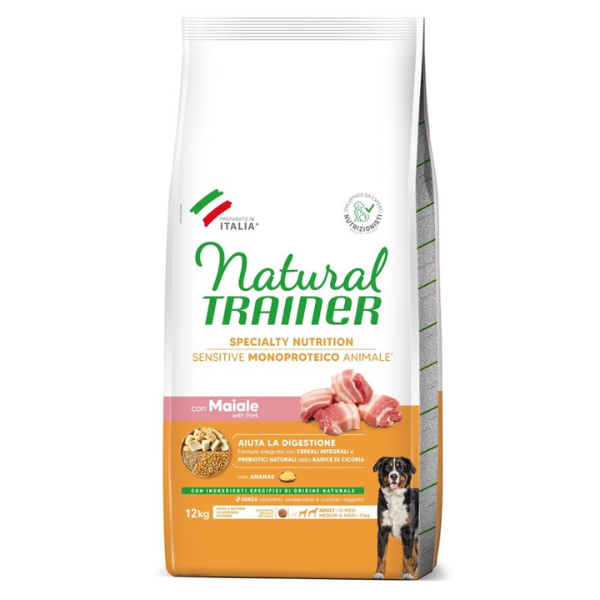 Natural Trainer Sensitive No Gluten Medium/Maxi con Maiale - 12 Kg - Crocchette Monoproteiche Cane - 1° ORDINE? scegli lo sconto BZR5 / BZR20 + 200 punti fedeltà