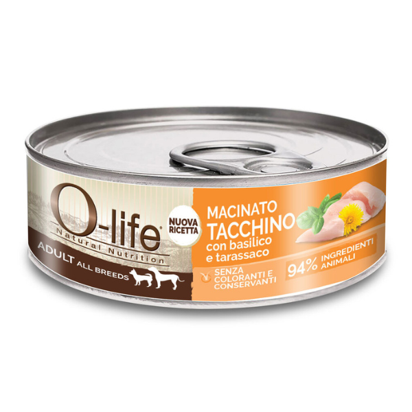 O-life Dog Adult All Breeds Macinato 85 gr - Tacchino e basilico - Cibo Umido per Cani - SPEDIZIONE GRATIS 1° ORDINE + scegli lo sconto BZR5 / BZR20