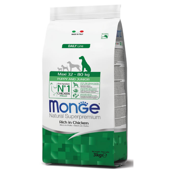 Image of Monge Natural Superpremium Maxi Puppy & Junior Ricco di Pollo - 12 kg Croccantini per cani