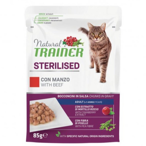 Image of Natural Trainer Adult Sterilised Bocconcini in salsa 85 gr - Manzo Confezione da 12 pezzi Cibo umido per gatti