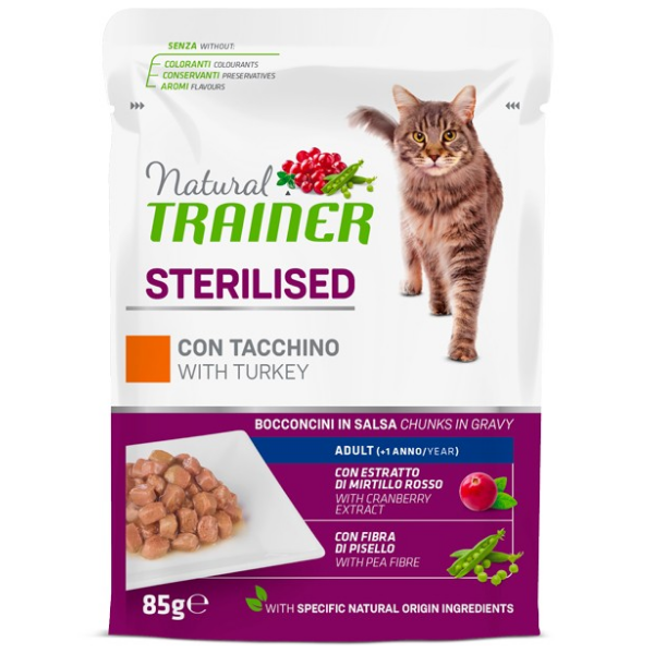 Image of Natural Trainer Adult Sterilised Bocconcini in salsa 85 gr - Tacchino Confezione da 12 pezzi Cibo umido per gatti