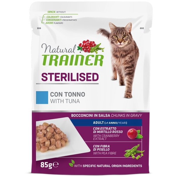 Image of Natural Trainer Adult Sterilised Bocconcini in salsa 85 gr - Tonno Confezione da 12 pezzi Cibo umido per gatti
