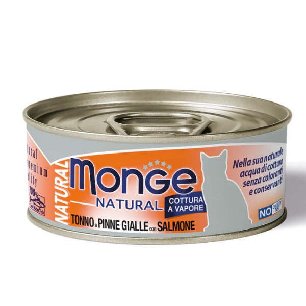 Image of Monge Natural Adult cottura al vapore 80 gr - Tonno a Pinne Gialle e Salmone Confezione da 6 pezzi Cibo umido per gatti