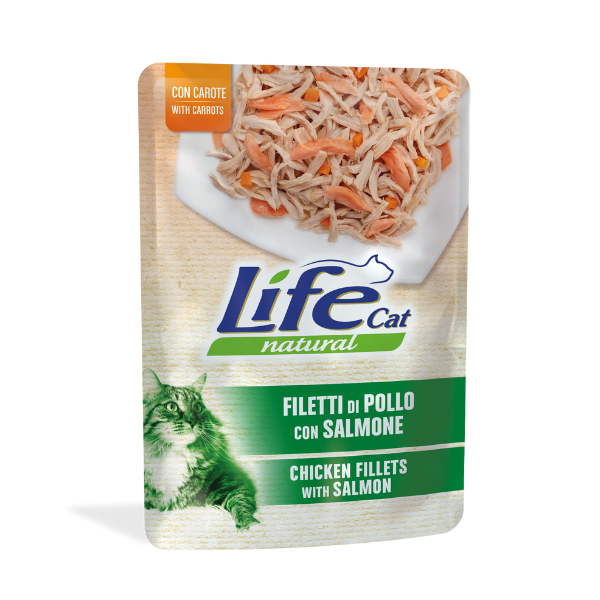 Life Cat Natural Bustine 70 gr - Filetti di pollo con salmone e carote Confezione da30 pezzi