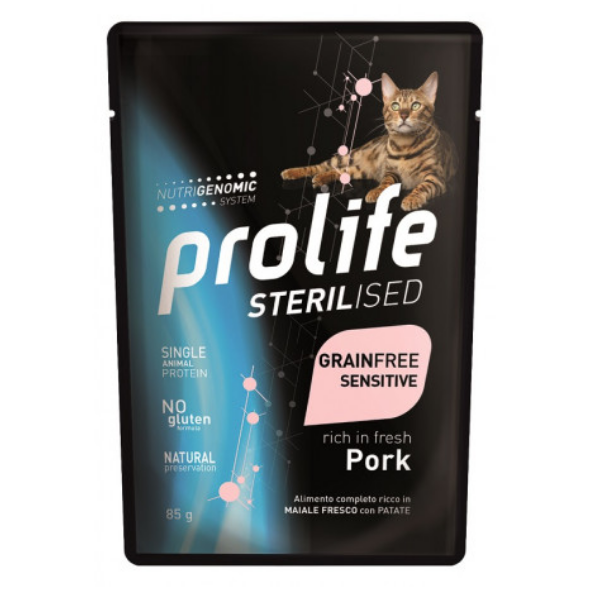 Image of Prolife Cat Sterilised Bustine 85 gr - Maiale e Patate Confezione da 12 pezzi Cibo umido per gatti
