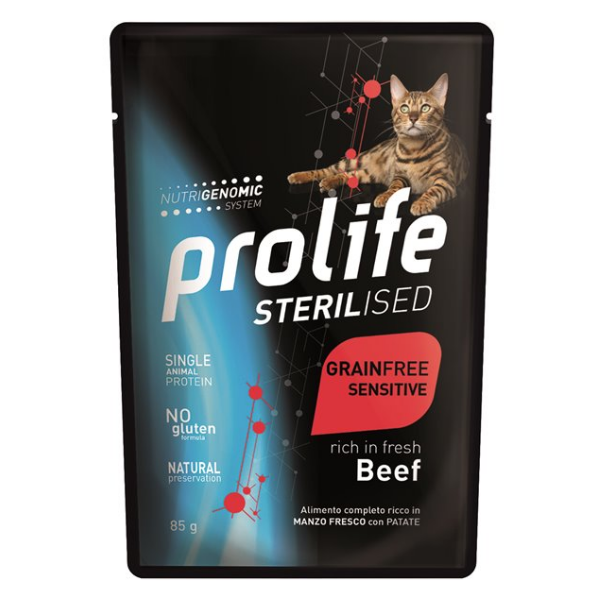 Image of Prolife Cat Sterilised Bustine 85 gr - Manzo Confezione da 12 pezzi Cibo umido per gatti