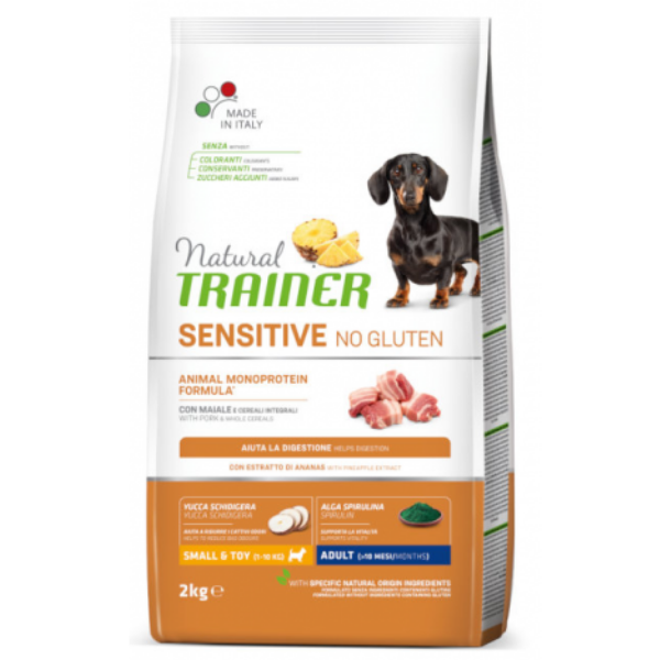 Image of Natural Trainer Sensitive No Gluten Adult Small e Toy con Maiale - 2 Kg Croccantini per cani Monoproteico crocchette cani