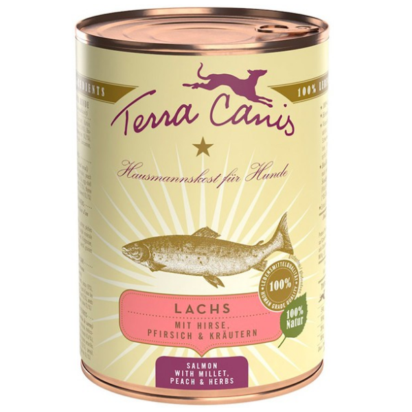Terra Canis Classic Adult All Sizes 400 gr - Salmone con Miglio, Pesca ed Erbe Aromatiche Confezione da 6 pezzi