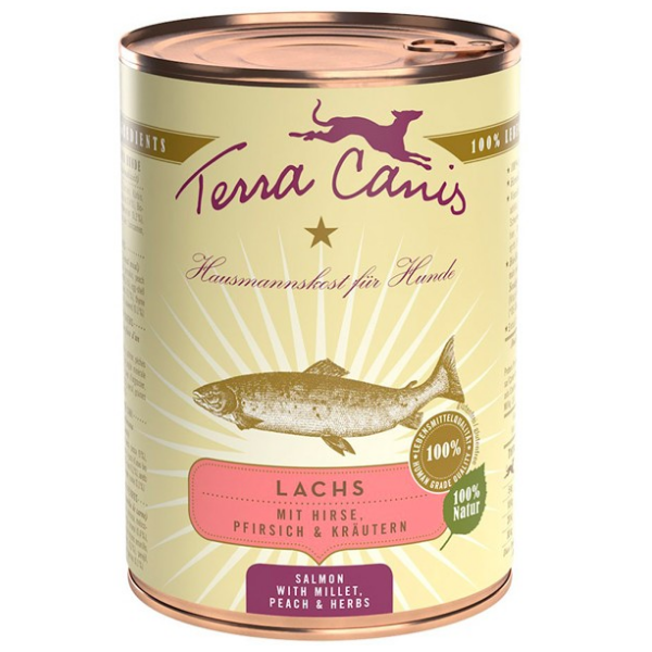 Image of Terra Canis Classic Adult All Sizes 400 gr - Salmone con Miglio, Pesca ed Erbe Aromatiche Confezione da 6 pezzi Cibo Umido per Cani