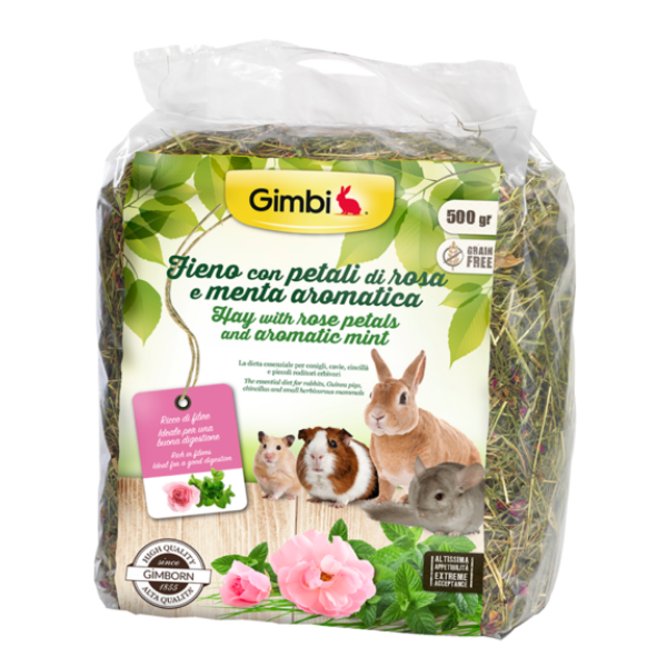 Gimbi Fieno Ricco di Fibre 500 gr - Fieno con Petali di Rosa e Menta Aromatica